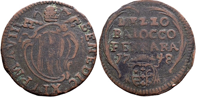 Benedict XIV 1748 Ferrara Half Baiocco